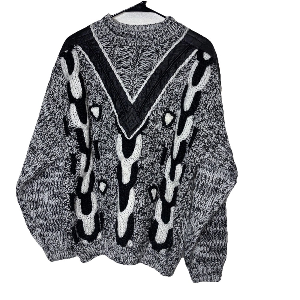 Street Scenes Vintage Chunky-Knit Sweater, Leather Patch GrandpaCore 80's Size M
